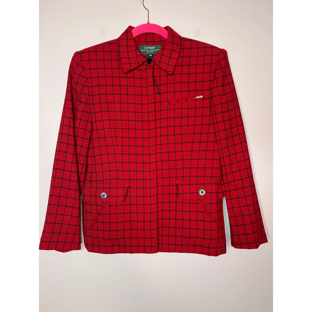 Lauren Ralph Lauren Red Black Window Pane Wool Equestrian Old Money Jacket M